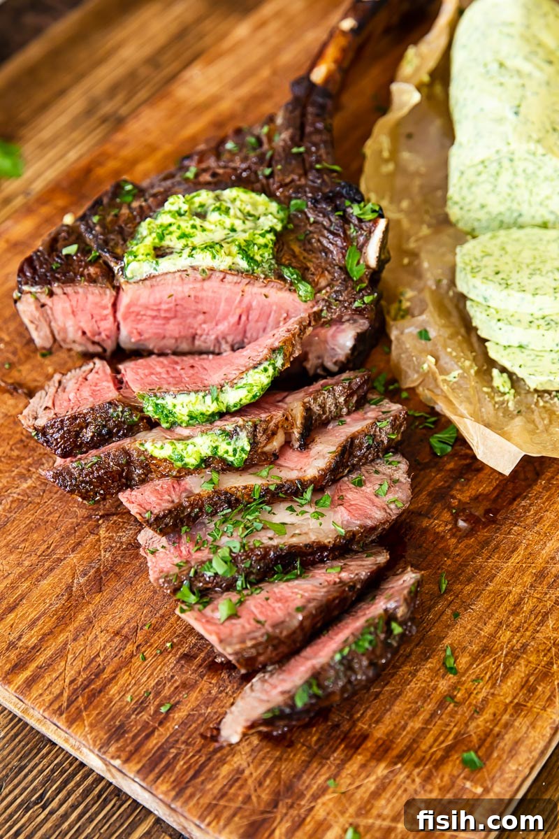 cooked and sliced tomahawk steak on a wooden board, with herb butter melting on top