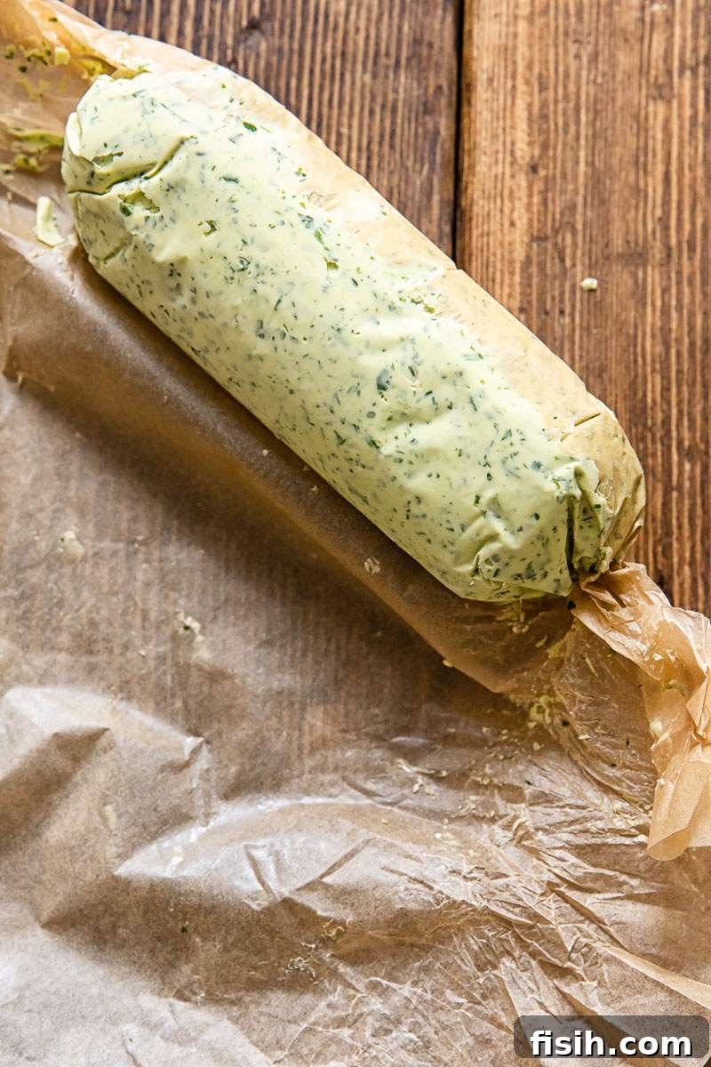 A log of homemade herb butter being wrapped in parchment paper, ready for storage.