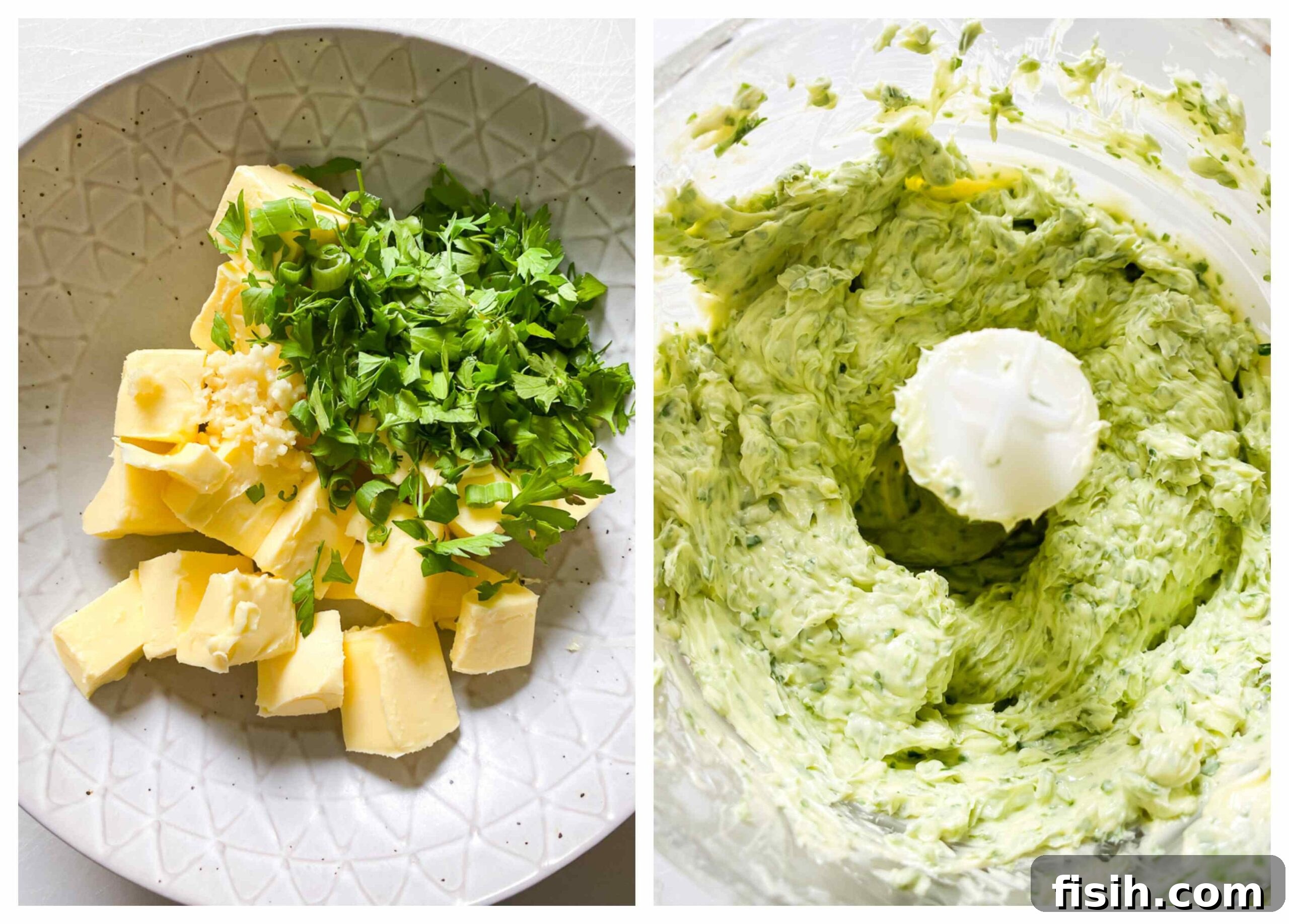 Process images showing the preparation of garlic herb butter, from ingredients to mixing.