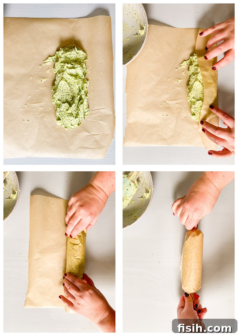 Two logs of flavored butter, one wrapped in parchment paper, the other ready to be formed.