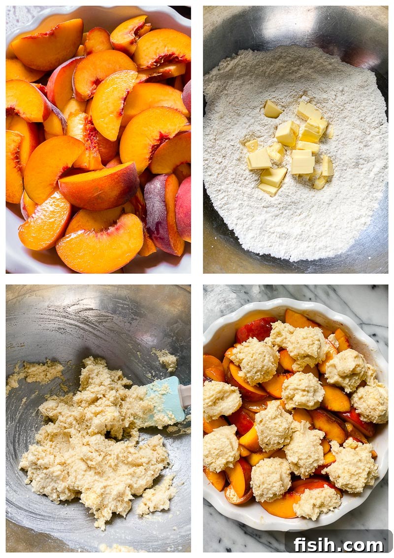 Step-by-step process images for making maple peach cobbler: preparing peaches, mixing topping ingredients, and assembling the cobbler.