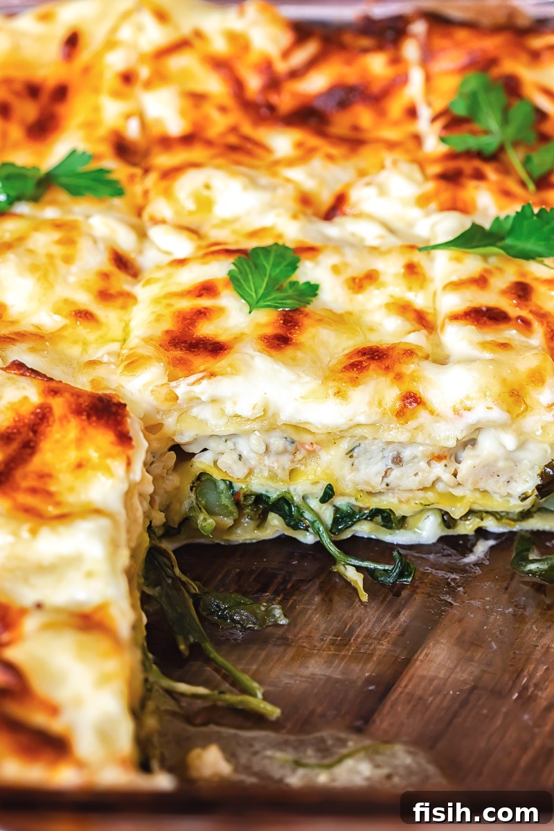 close up of chicken lasagna with layers exposed
