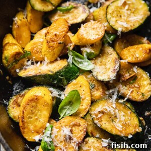 Golden Zucchini with Basil and Pecorino 6 Close-up of golden brown pan-fried zucchini slices, garnished with fresh herbs.