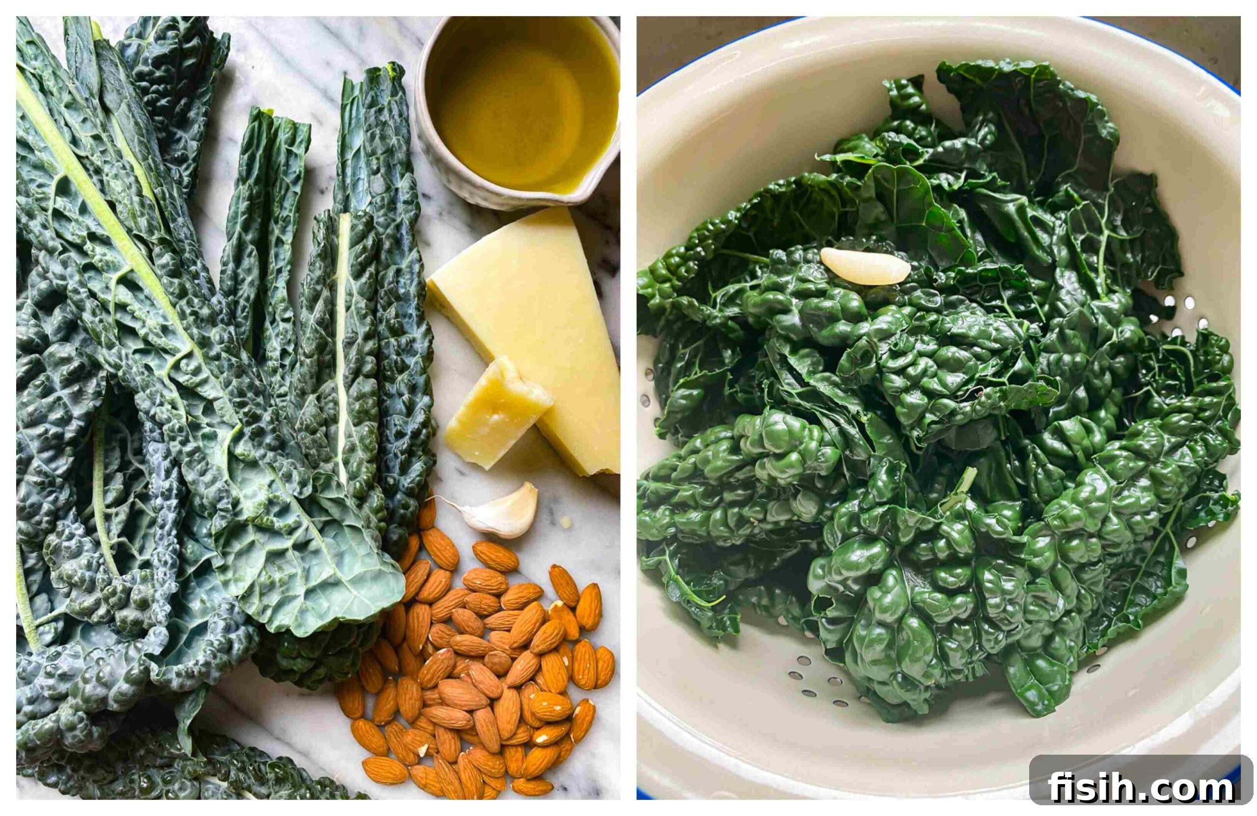 A visual guide showing both raw and cooked cavolo nero, alongside garlic, nuts, and cheese – the essential components for crafting a flavorful kale pesto.