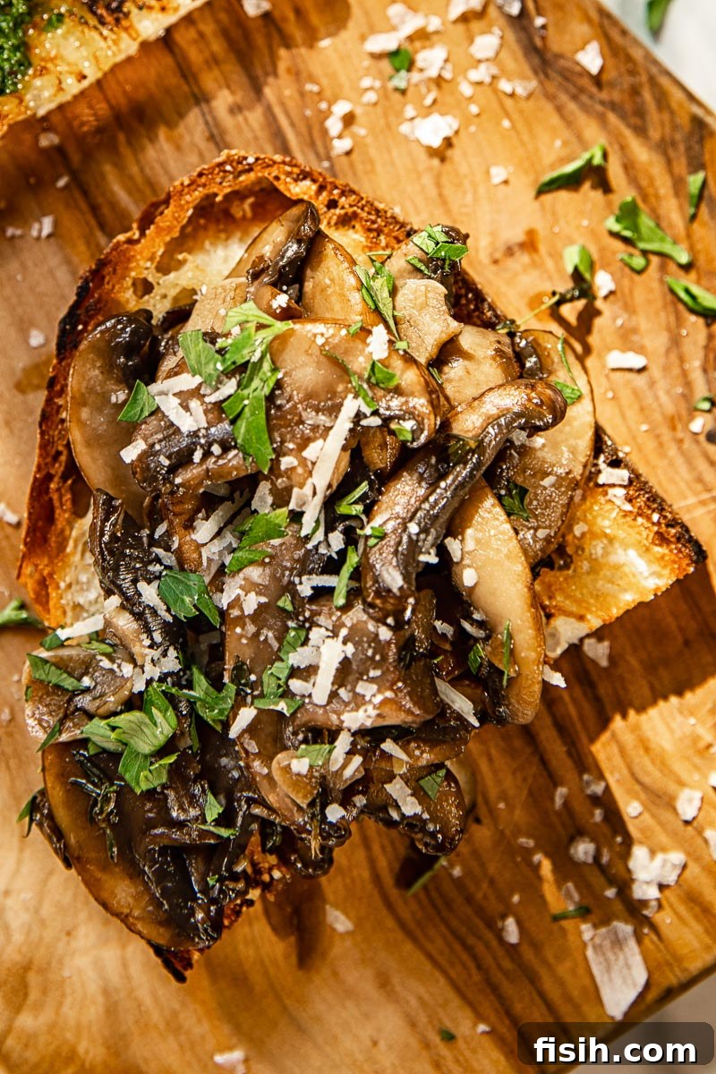 Forest Mushroom Toasts 2 top down view of crostini topped with mushrooms, parsley and Pecorino Romano