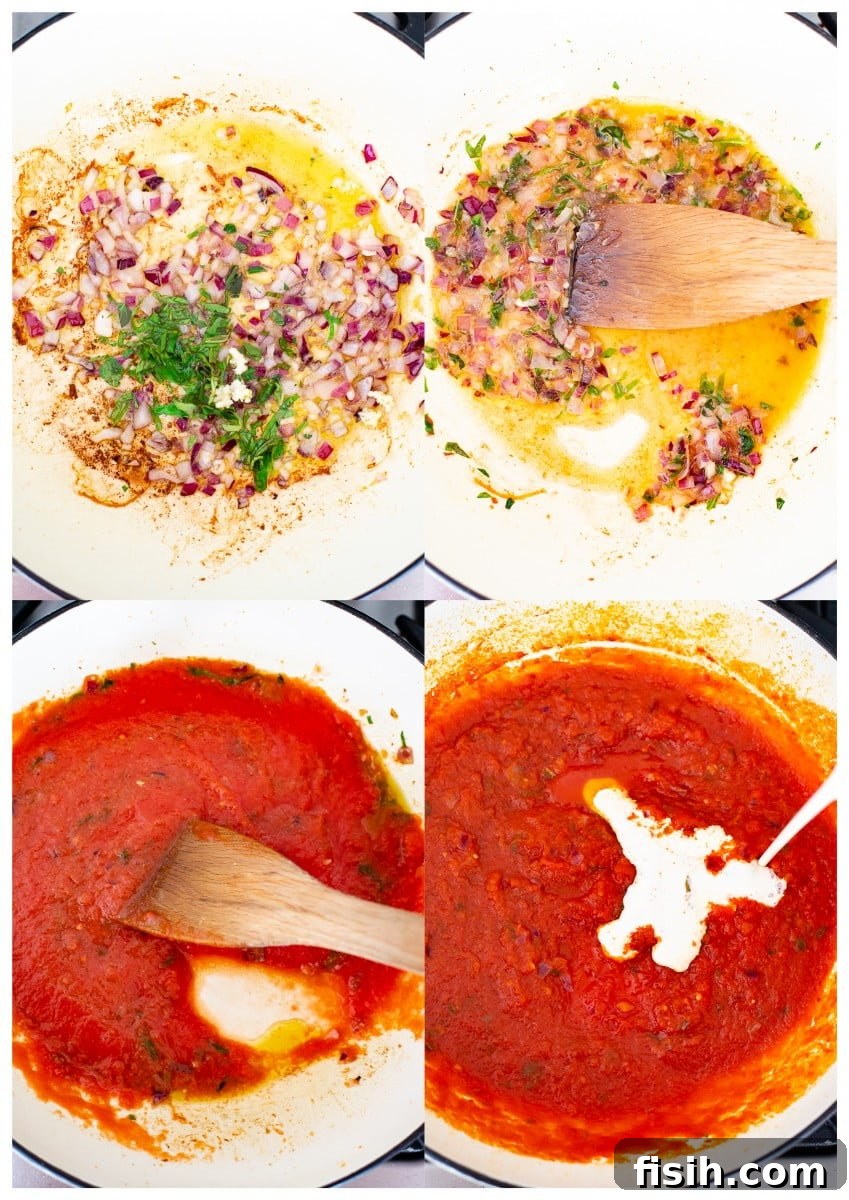 Creamy Baked Vodka Penne with Savory Meatballs 3 vodka sauce process images