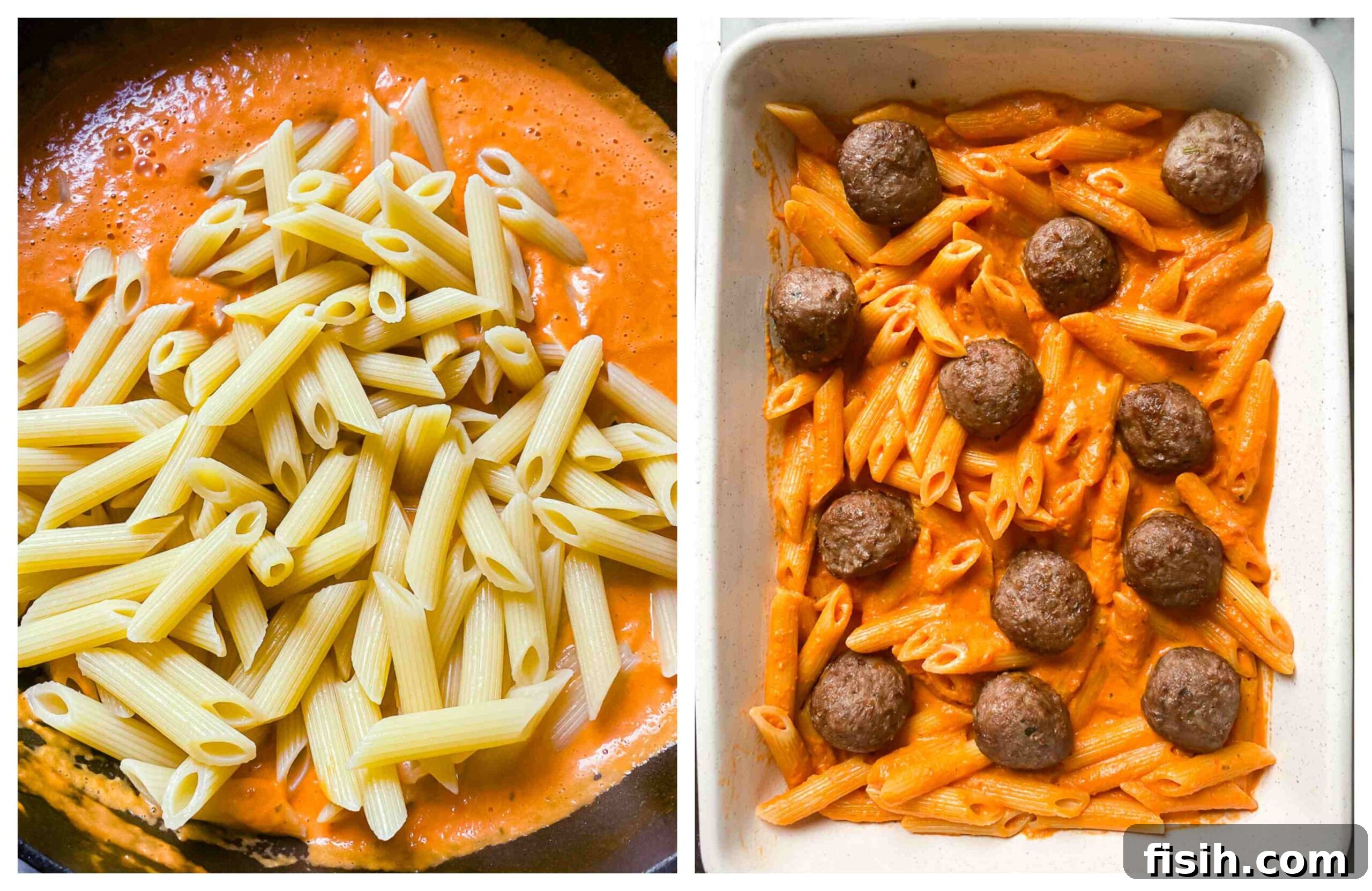 Creamy Baked Vodka Penne with Savory Meatballs 4 penne in vodka sauce and penne topped with meatballs