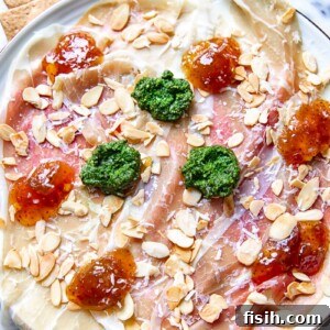 top down view of Parma ham topped with pesto, fig jam and almonds