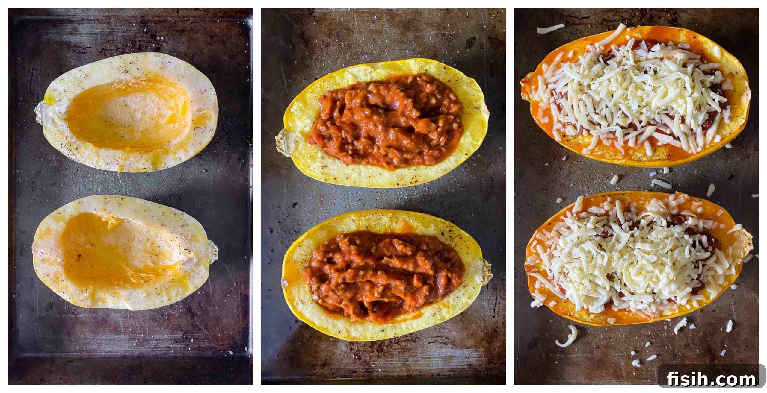 A series of three images showing the stages of preparing spaghetti squash bolognese: halved squash, filled squash, and baked squash topped with cheese.