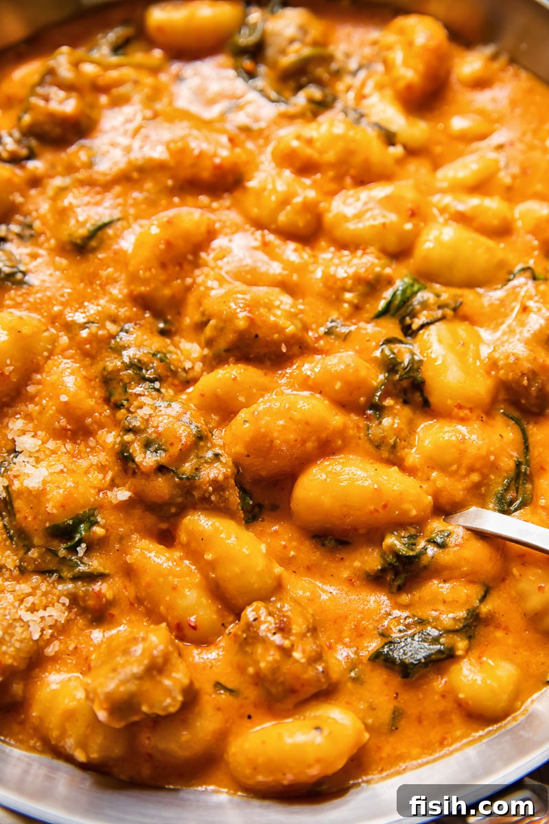 Pillowy Gnocchi & Sausage with Bold Romesco 2 Close up of fluffy gnocchi and browned Italian sausage generously coated in a rich, vibrant red Romesco sauce, garnished with fresh herbs.