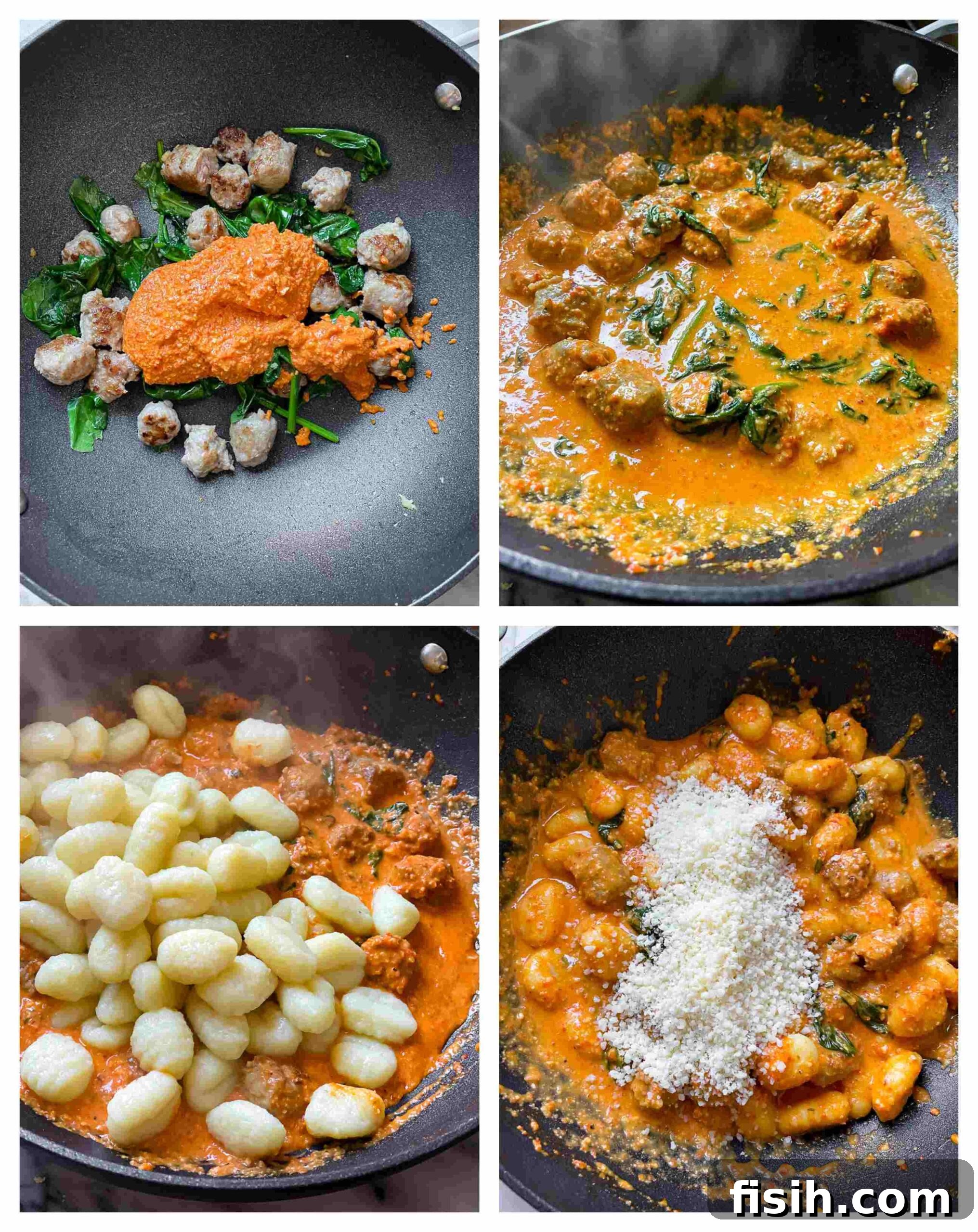 Pillowy Gnocchi & Sausage with Bold Romesco 5 Collage of process images showing steps to prepare Sausage Gnocchi in Romesco Sauce, including browning sausage, wilting spinach, and mixing gnocchi with sauce.