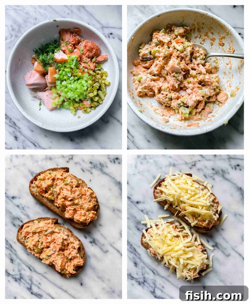 A collage showing the preparation steps: combining salmon, spreading on bread, and topping with cheese before melting.