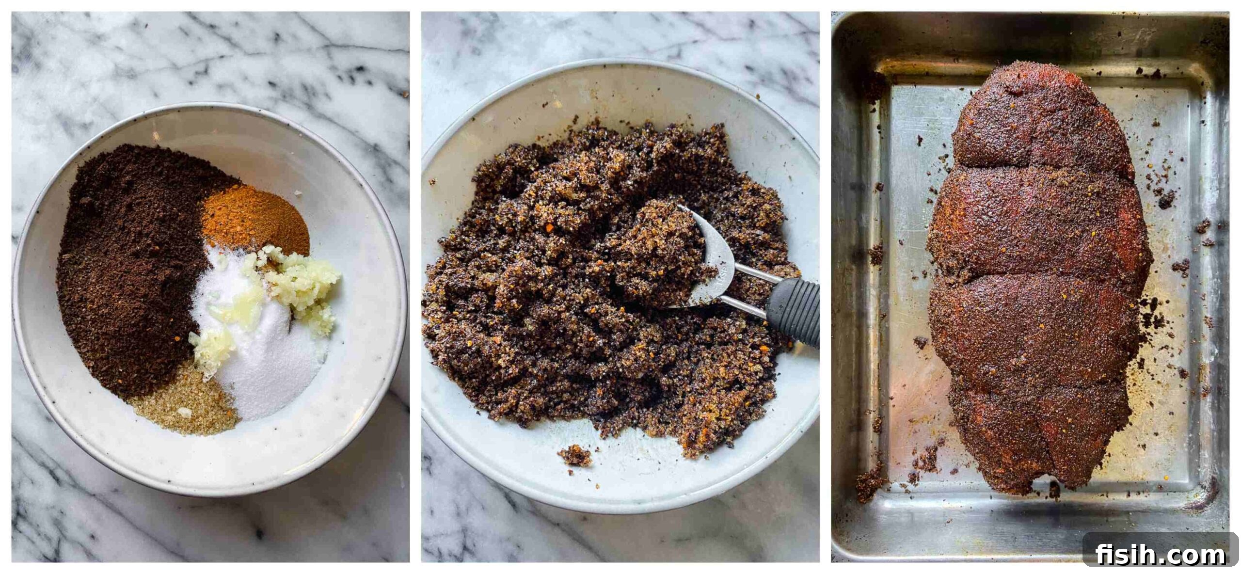 Close-up collage showing finely ground coffee and other spices, the coffee rub applied to a top round roast, and the roast ready for cooking, emphasizing the unique flavor enhancer.