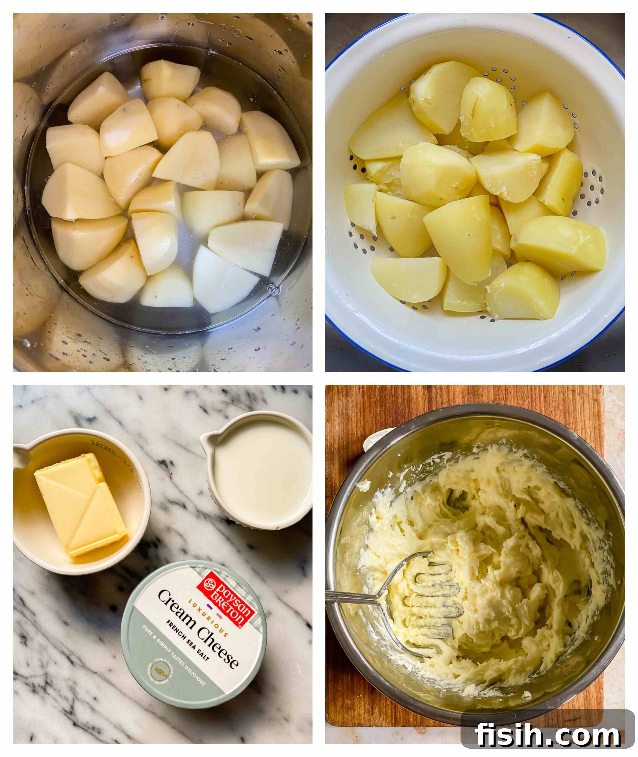 Velvety Instant Pot Mashed Potatoes 4 A visual collage illustrating the key stages of making Instant Pot mashed potatoes, from raw potatoes to the finished creamy dish.