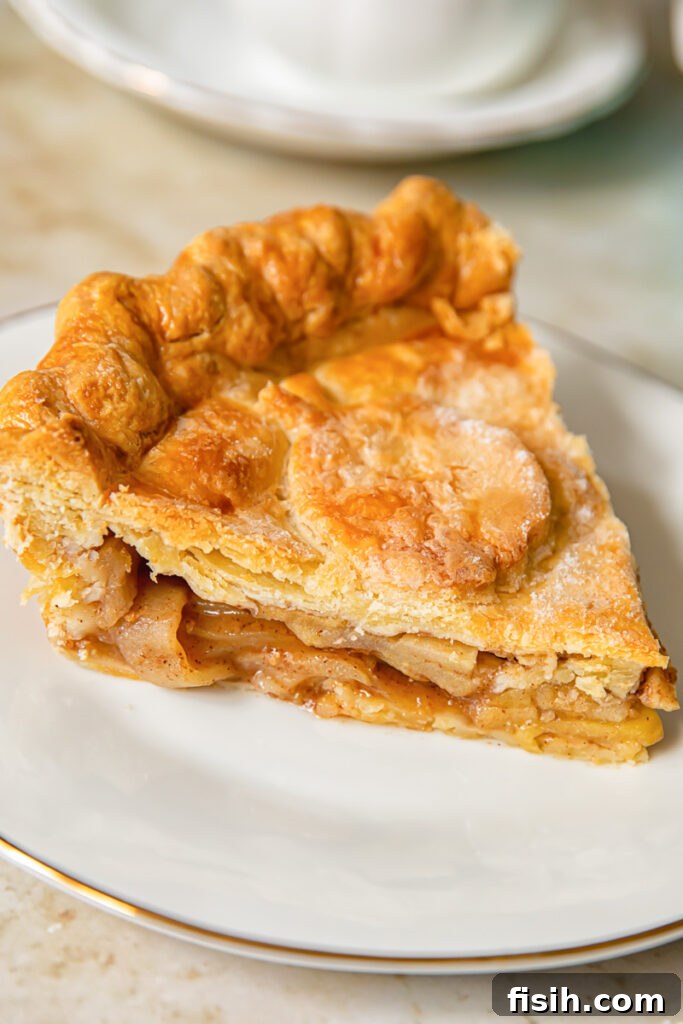 Grandma's Classic Apple Pie 4 A close-up of a golden-brown slice of apple pie on a white plate