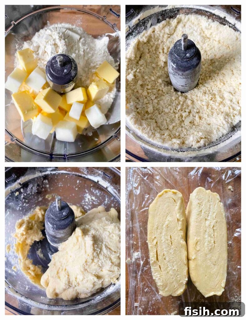 Grandma's Classic Apple Pie 5 Four process shots demonstrating the stages of making pie pastry in a food processor