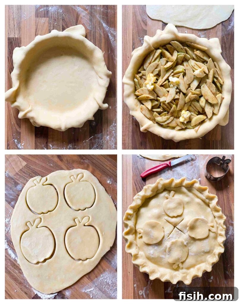 Grandma's Classic Apple Pie 6 Four sequential process shots illustrating the assembly of an apple pie