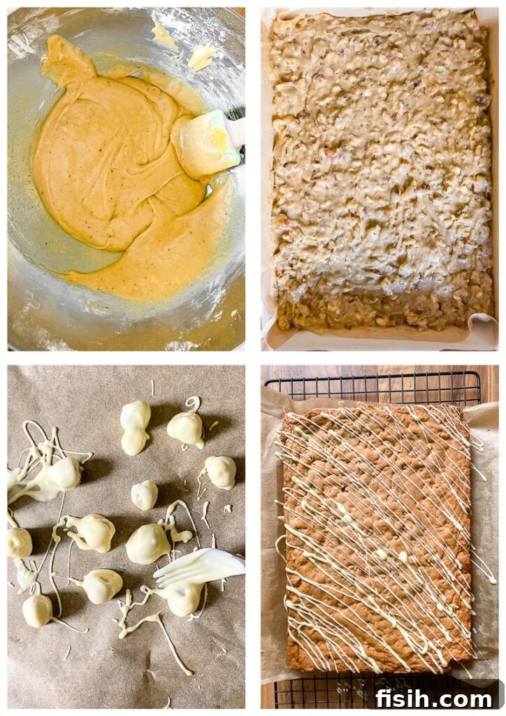 Detailed process shots showing the steps of assembling the brown butter hazelnut blondies