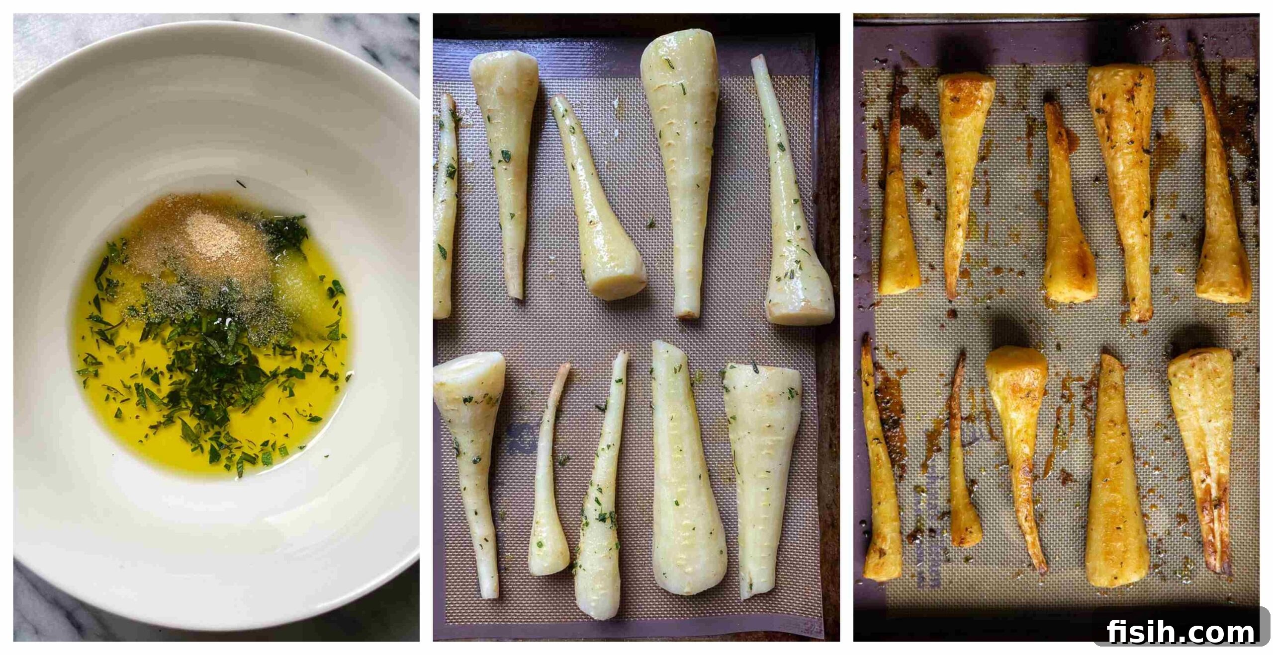 Caramelized Honey Garlic Parsnips 4 A collage of process images showing parsnips being prepared, seasoned, and roasted on a baking sheet, illustrating the steps of the recipe.