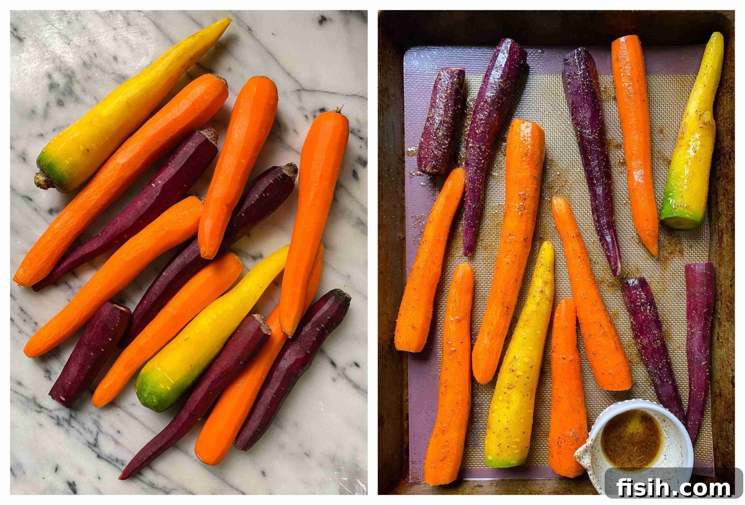 Golden-Roasted Rainbow Carrots with Toasted Pistachios 3 close-up of orange, yellow and purple carrots before roasting, highlighting their natural variations