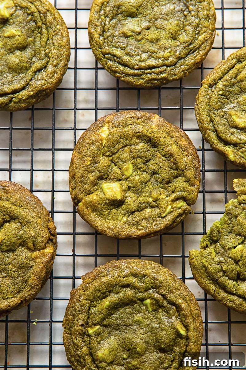 Matcha Bliss White Chocolate Cookies 5 close up of matcha cookies on cooling rack