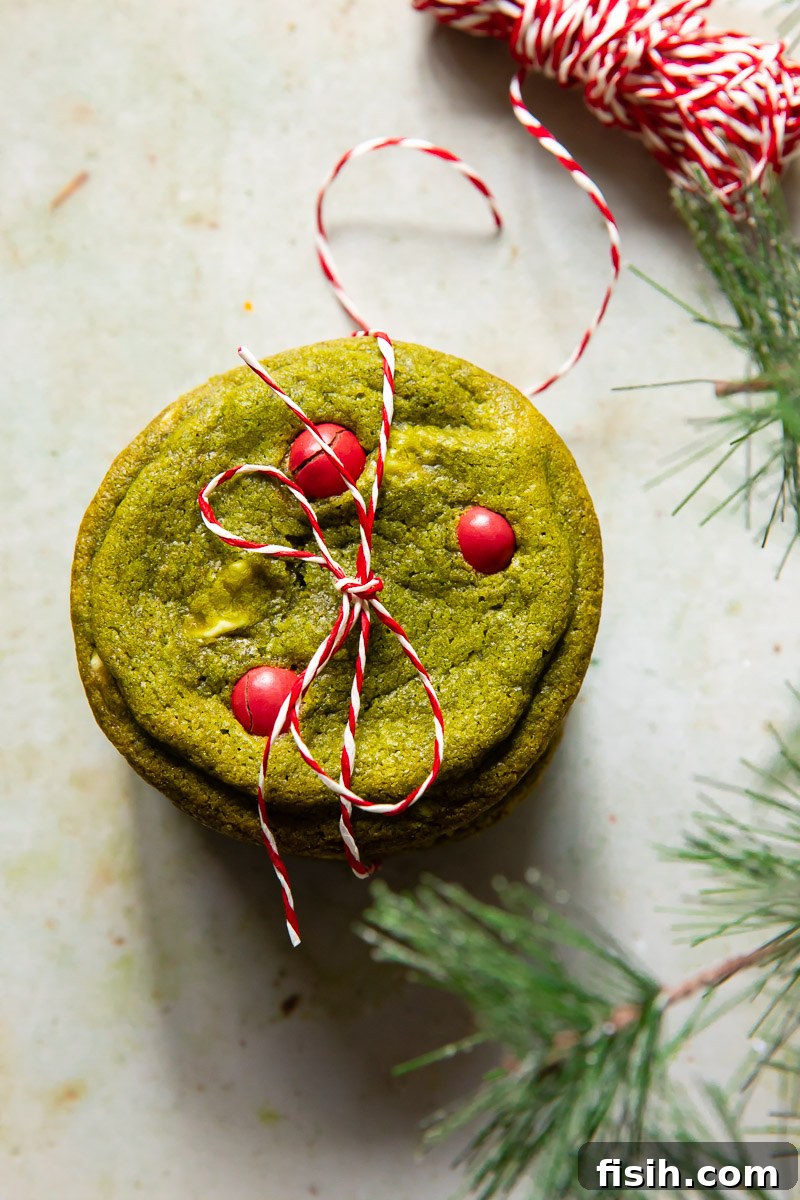 Matcha Bliss White Chocolate Cookies 6 top down view of a cookie stack tied with a red and white twine