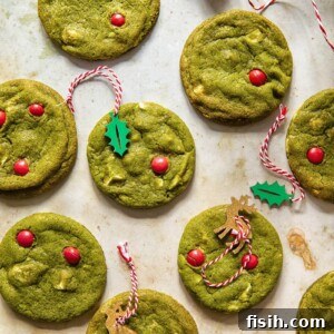 Matcha Bliss White Chocolate Cookies 7 top down view of red and green matcha cookies