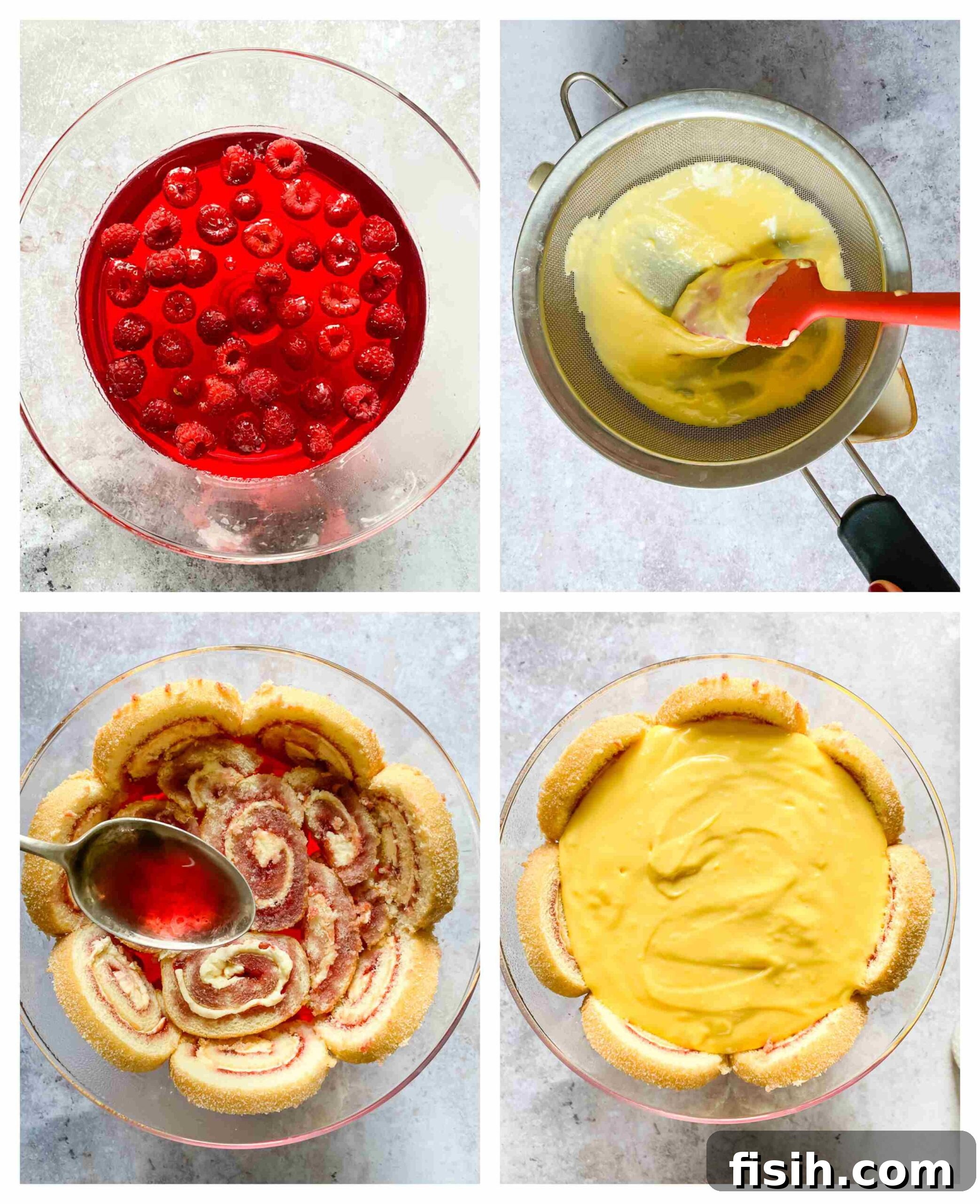 Step-by-step stages of making a trifle, showing different layers being added