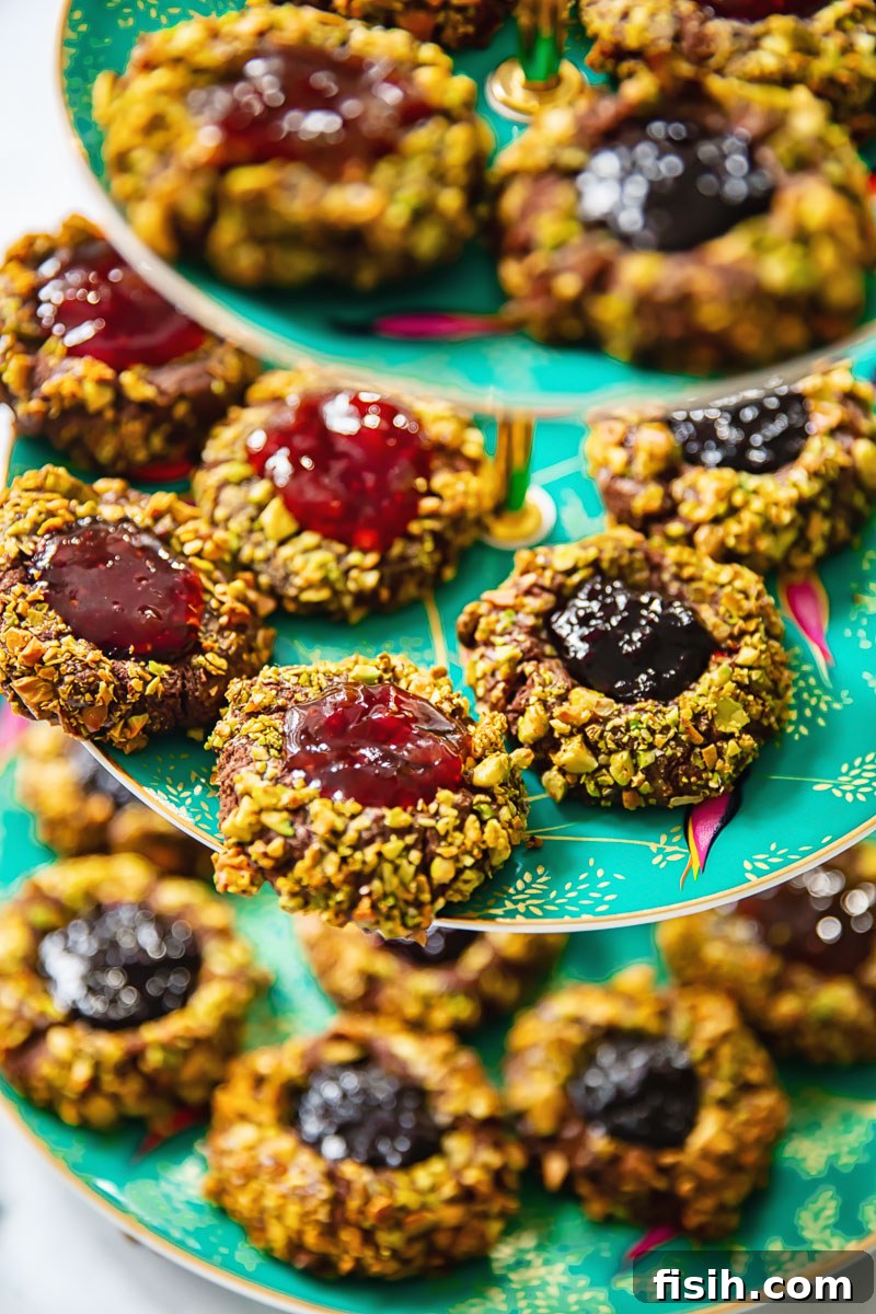 Delicious chocolate thumbprint cookies on a green tiered plate, coated with pistachios and filled with vibrant red jam.