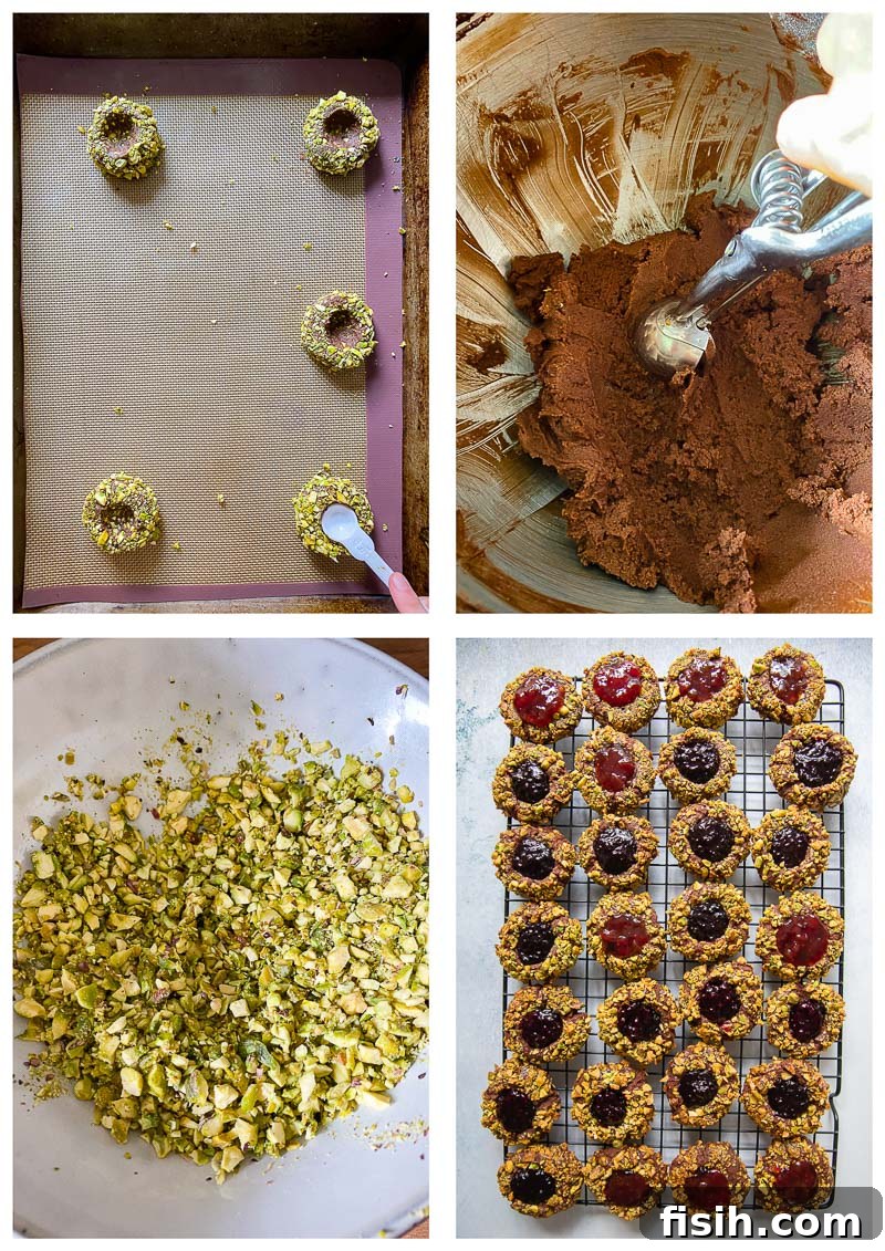 A collage of process images showing the steps to make chocolate thumbprint cookies, from mixing dough to forming balls and making indentations.