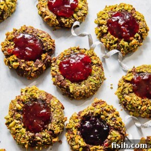 Chocolate thumbprint cookies with jam and pistachios