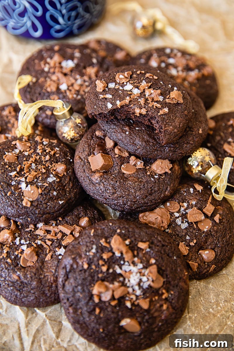 A delectable stack of double chocolate mint cookies, showcasing their rich color and perfectly baked texture, ready to be enjoyed.