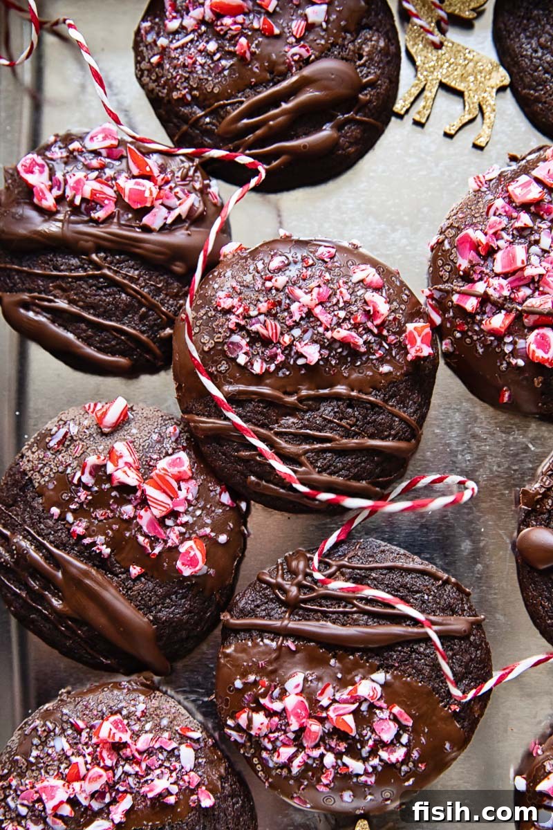 Top-down view of beautifully decorated chocolate cookies drizzled with melted chocolate and adorned with festive crushed candy canes, ready for holiday celebrations.