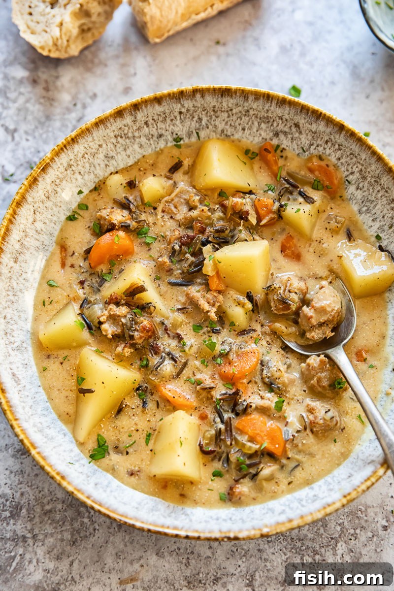 Steaming bowl of hearty sausage and potato chowder with a spoon, garnished with fresh parsley.