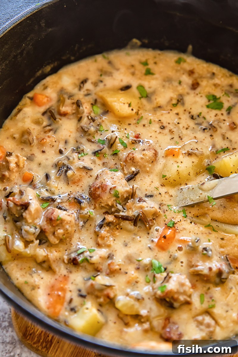 Top-down view of the creamy potato and sausage chowder simmering in a large soup pot, showing the rich texture.