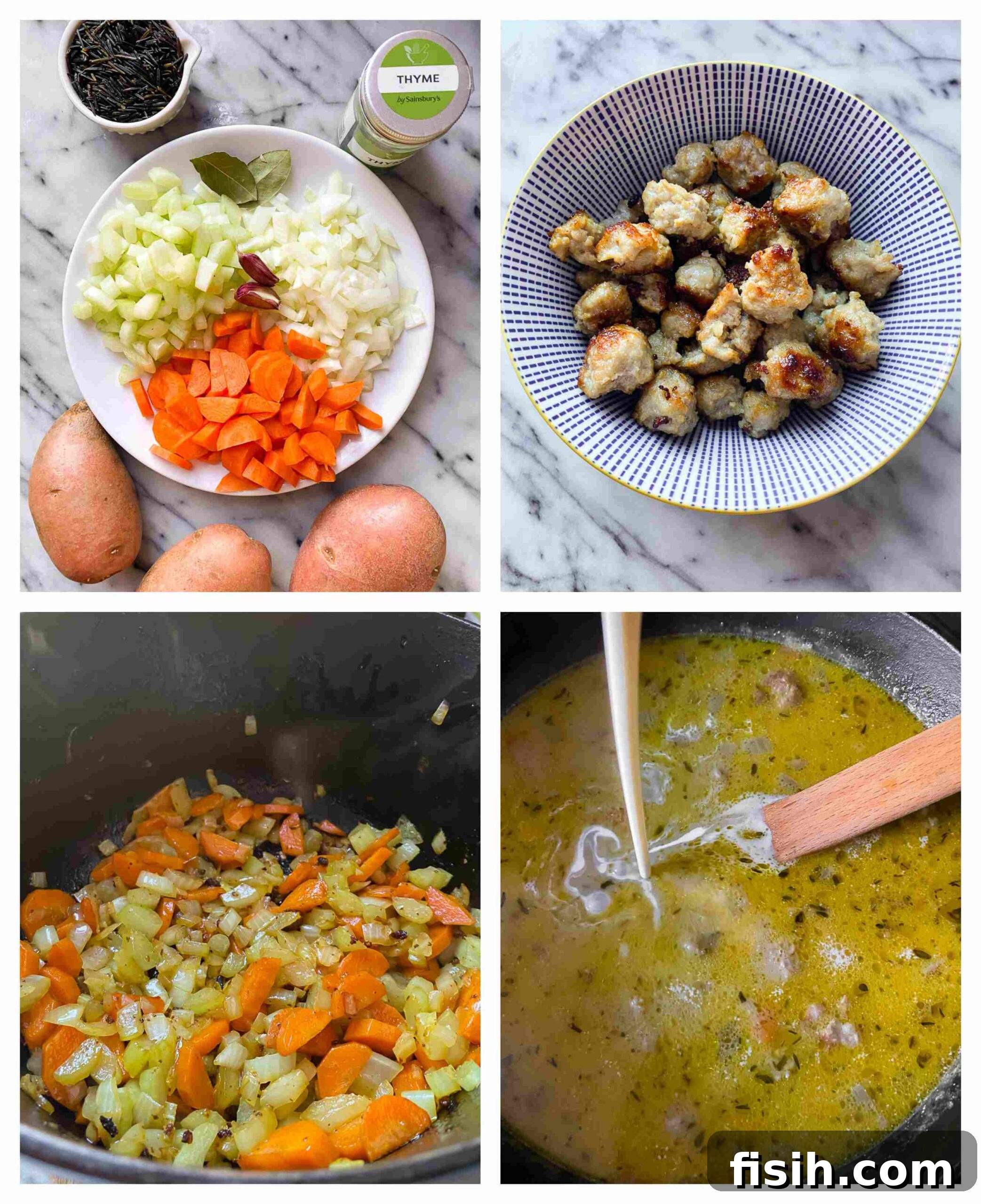 Step-by-step process images for making sausage and potato chowder, showing ingredients being prepared and cooked.