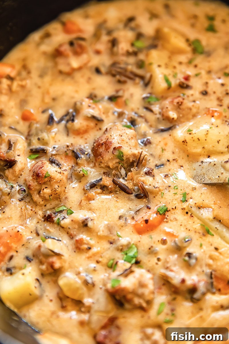 Close-up shot of a creamy and chunky potato and sausage chowder, showcasing the rich texture and savory ingredients.