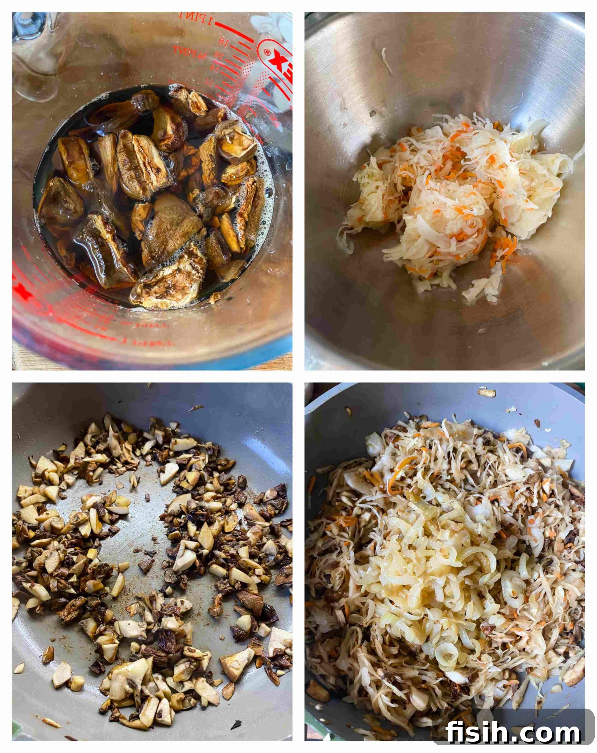 Tangy Sauerkraut and Earthy Mushroom Vareniki 5 Close-up of sauerkraut and mushroom filling being mixed, showing the texture and ingredients.