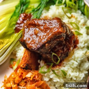 short rib on a bed of rice with bok choy and kimchi on a plate