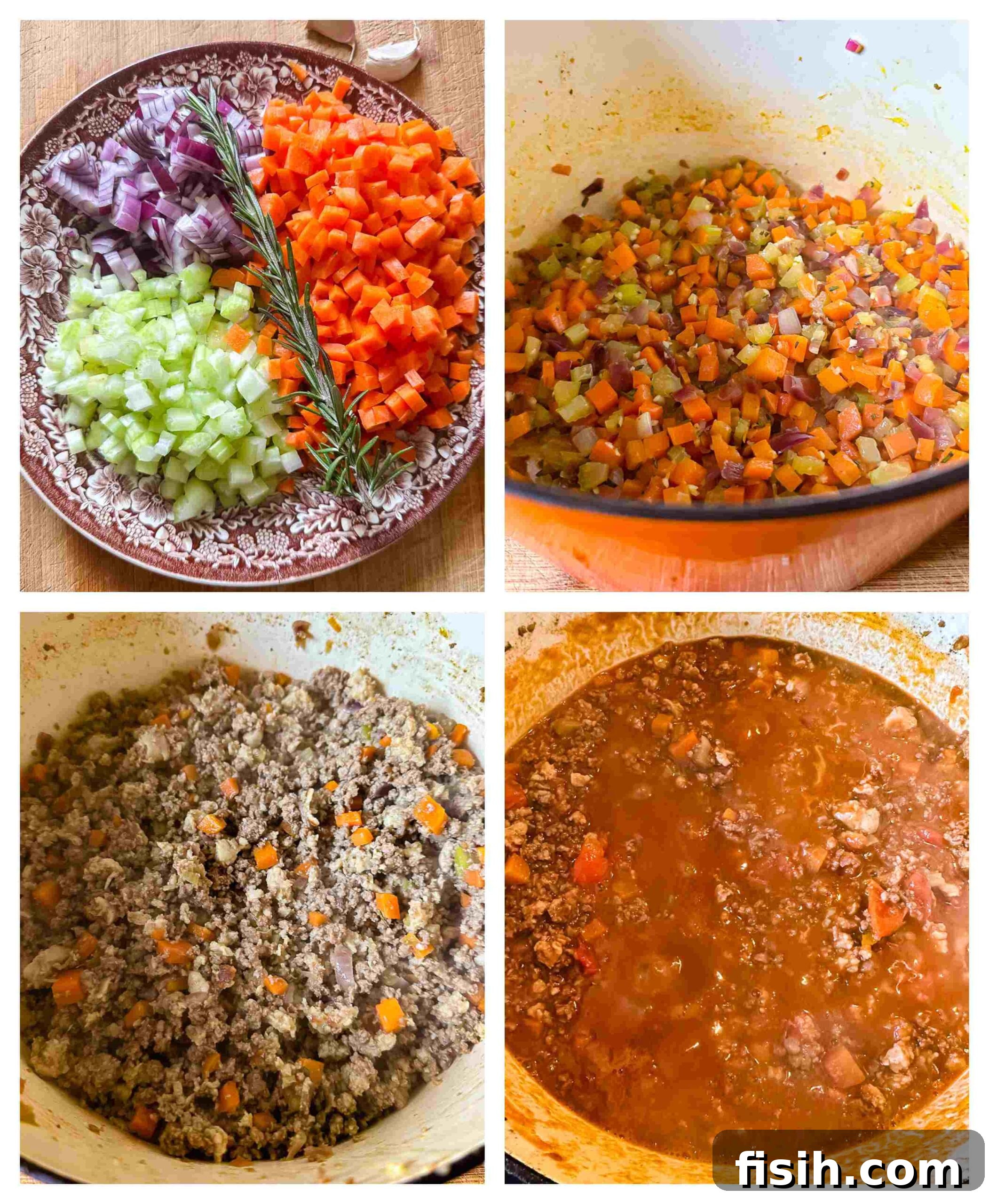 A step-by-step visual guide showing the process of making Tuscan ragu sauce in a Dutch oven