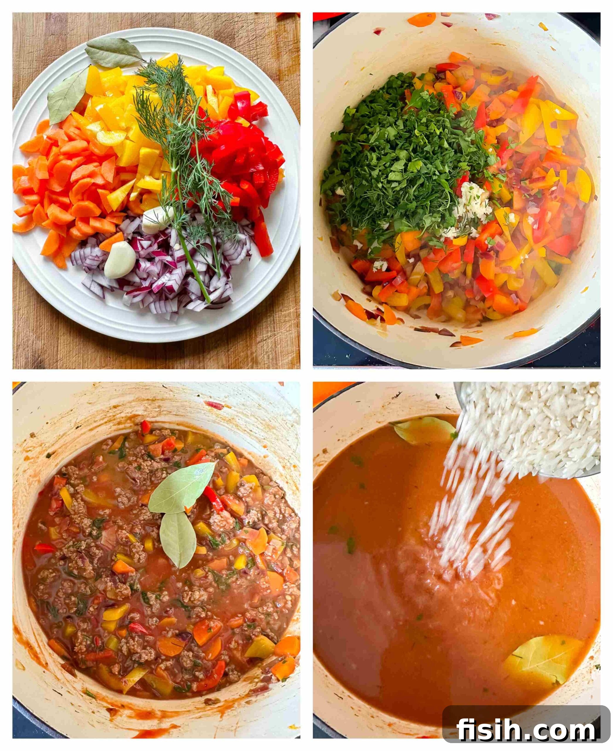 A collage of process photos showing the step-by-step preparation of deconstructed stuffed pepper soup, from sautéing vegetables to simmering.