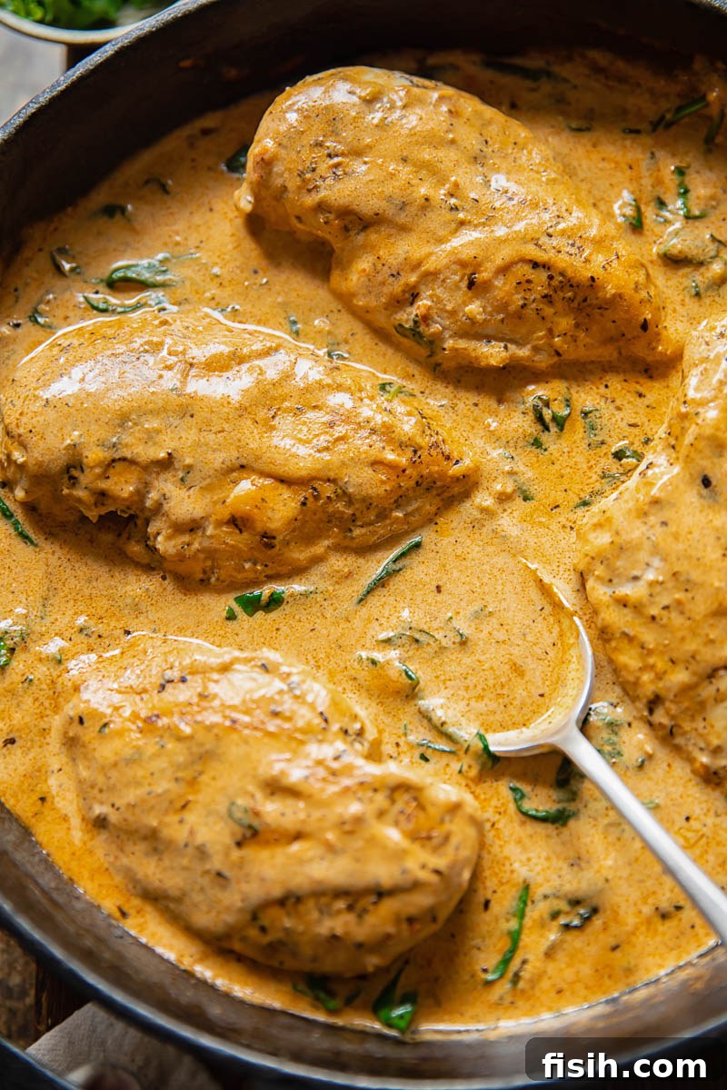 close up of chicken in sun-dried tomato sauce in a pan with a spoon in it