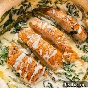 top down view of salmon florentine in a pan