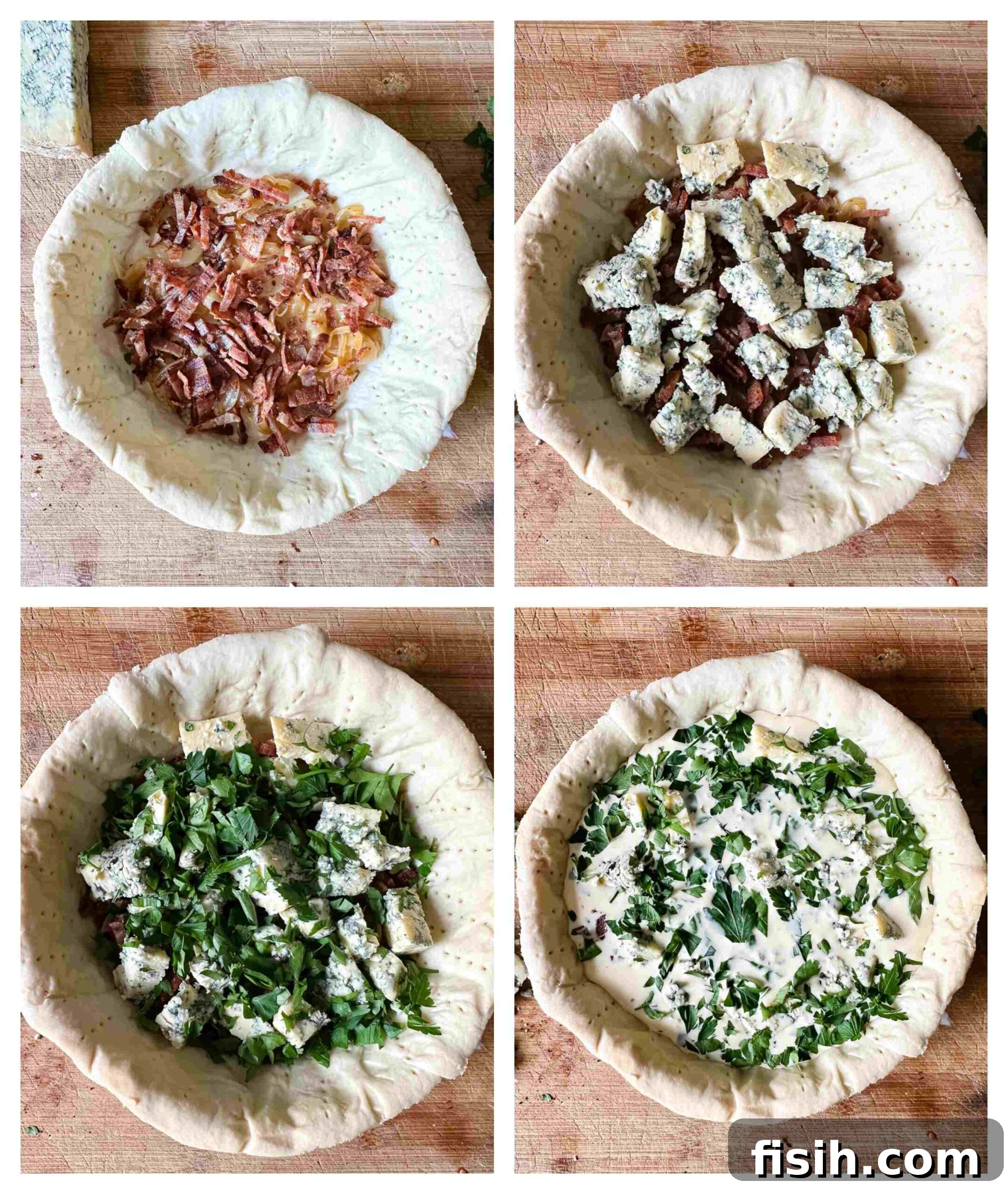 Gourmet Bacon Stilton Caramelised Onion Quiche 5 A series of process images showing the preparation steps for a bacon and blue cheese quiche, including mixing ingredients, filling the crust, and baking.