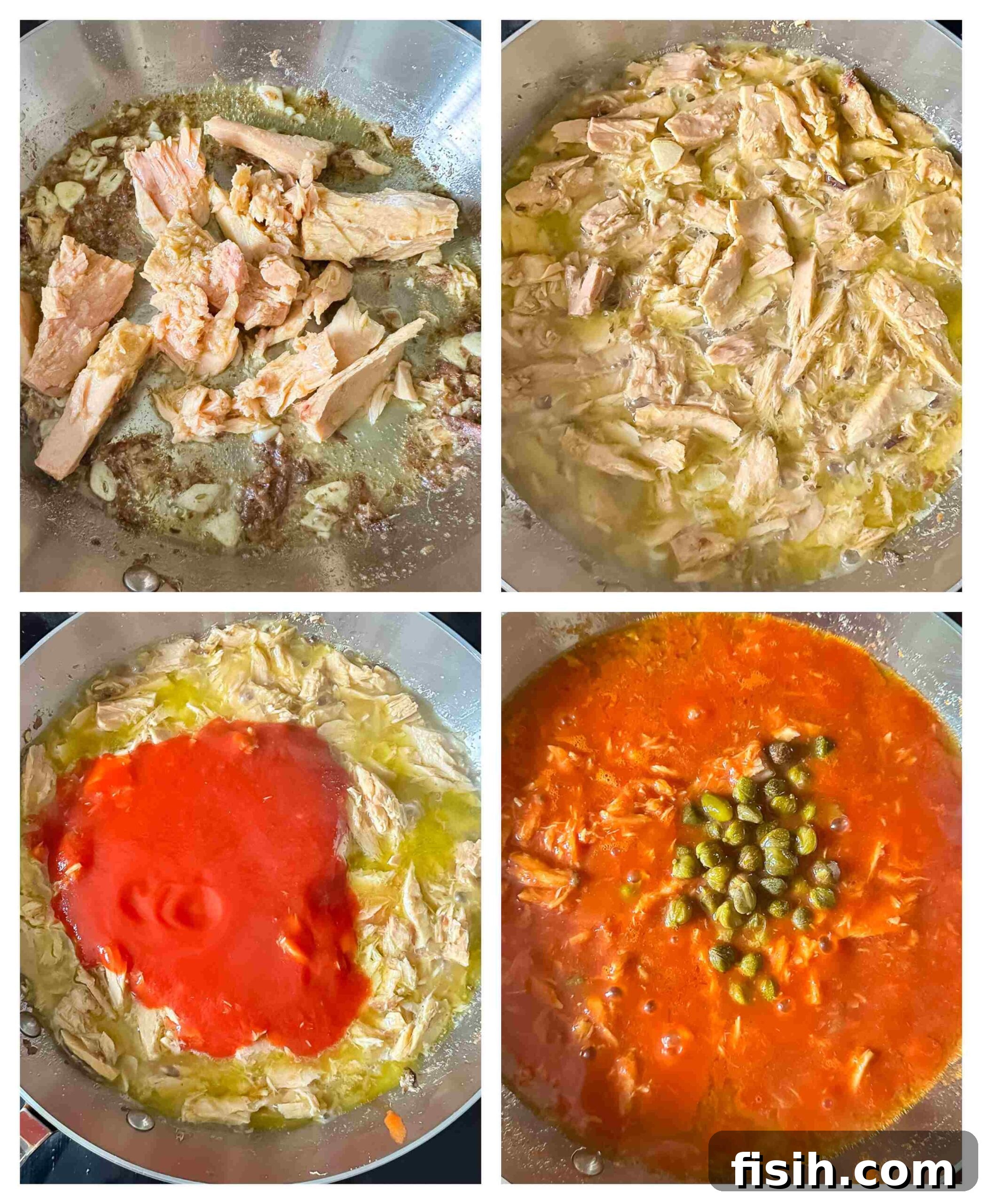 Tangy Tuna Pasta in Minutes 6 A visual step-by-step guide showing the preparation process for tuna pasta, from sautéing anchovies and garlic to adding tuna and sauce.