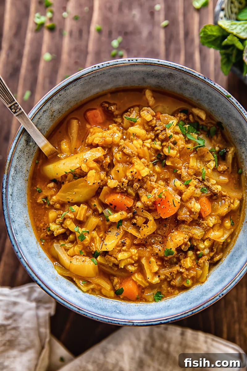 top down view of a bowl of hearty ground beef and cabbage soup, garnished with fresh herbs