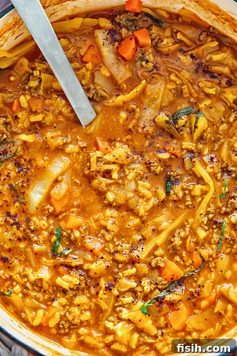 beef and cabbage soup simmering in a large pot on the stove, surrounded by fresh ingredients