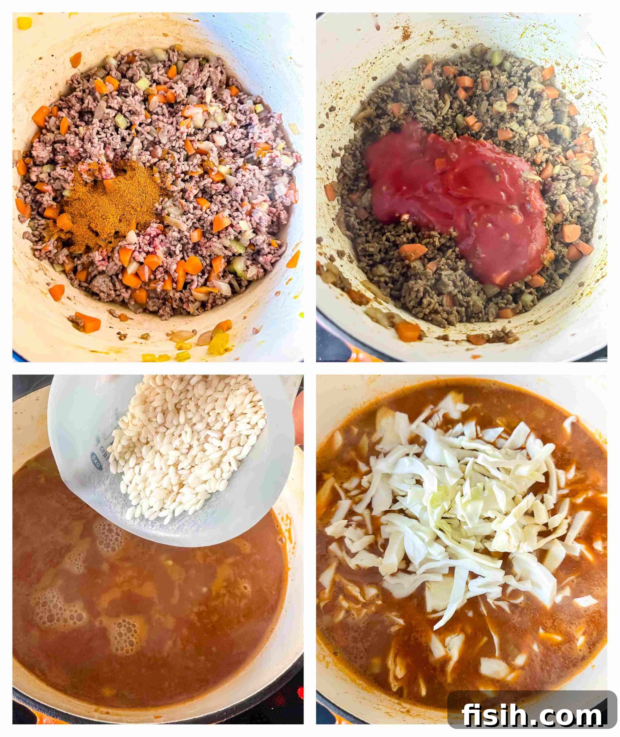 step-by-step process images for making ground beef and cabbage soup, showing ingredients and cooking stages
