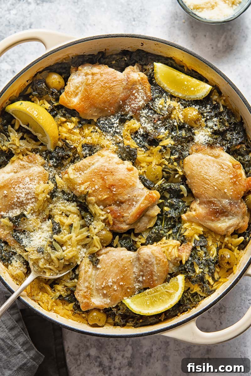 top down view of a round pan with lemon chicken and orzo bake