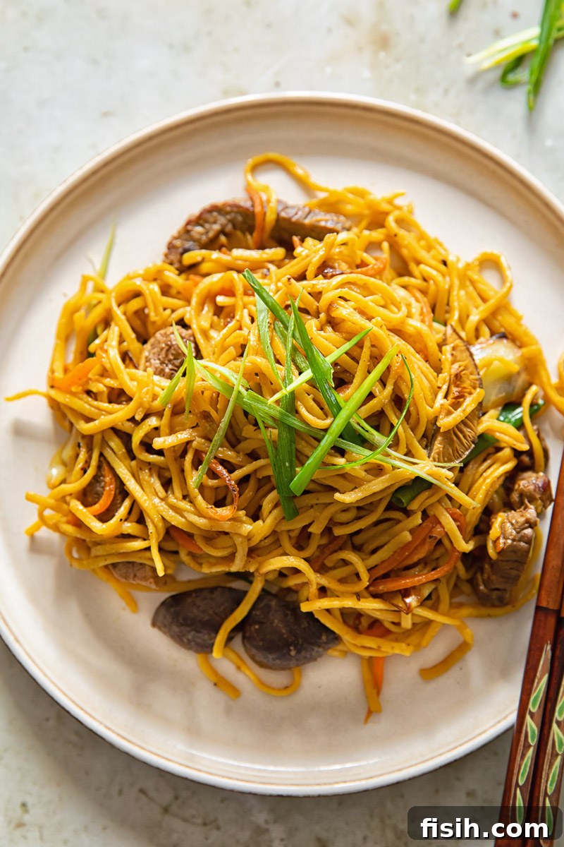 steaming beef yakisoba noodles topped with fresh green onions